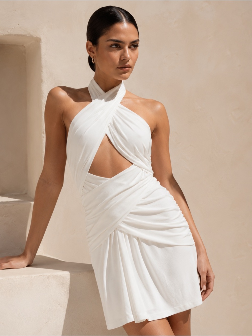 MISHA Callie Mini Ruched Halter Summer White Dress Size 8
